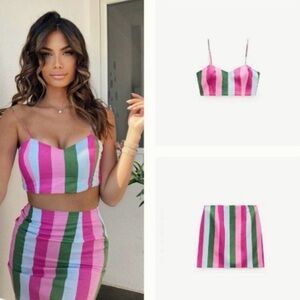 Zara Pink and Green Striped Skirt Set